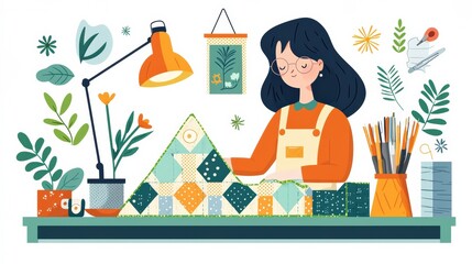 Creative woman sewing colorful patchwork quilt on table surrounded by art supplies and plants