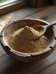 A wooden bowl filled with yellow powder and a wooden spoon on a wooden table near a window