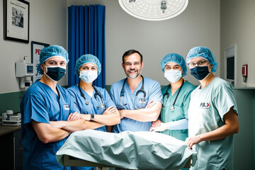 Medical team standing confidently around a hospital bed in a sterile operating room environment