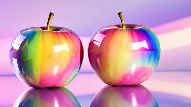 Transition of glowing rainbow apples in vibrant light with reflective surface