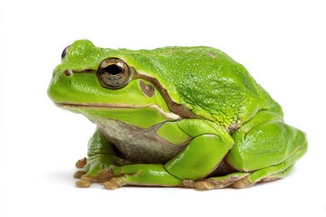 Vibrant green European tree frog posing on a white background.