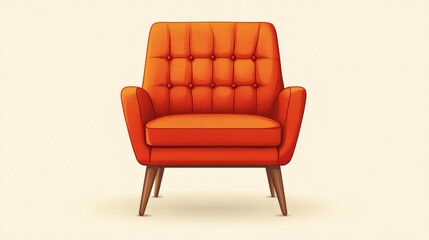 Modern orange armchair with tufted backrest and wooden legs on light neutral background