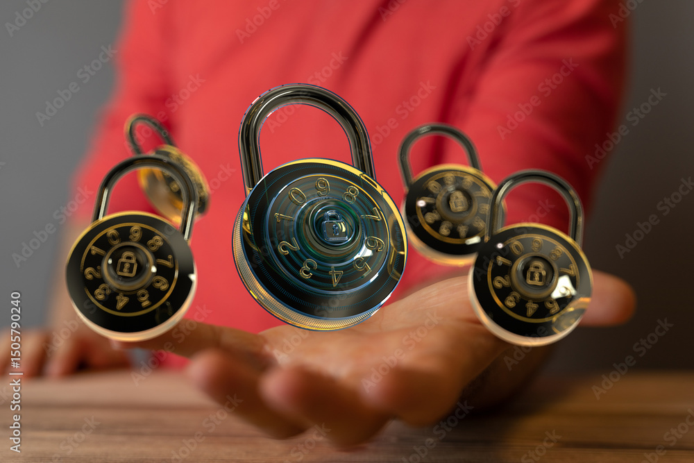 Poster Image of multiple combination locks floating above a hand, symbolizing data security and protection.