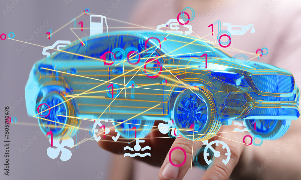 Poster innovative digital car diagnostics and maintenance via a connected car interface.