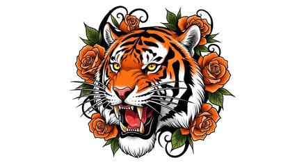 Artistic illustration of an animal head with orange and white fur surrounded by orange roses and green leaves on a transparent background.