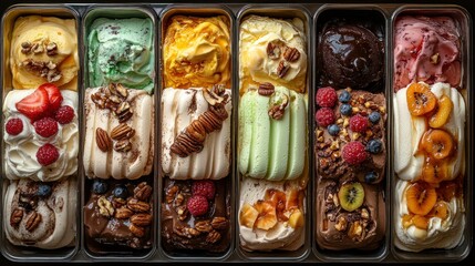 Assorted artisanal ice cream flavors in a tray