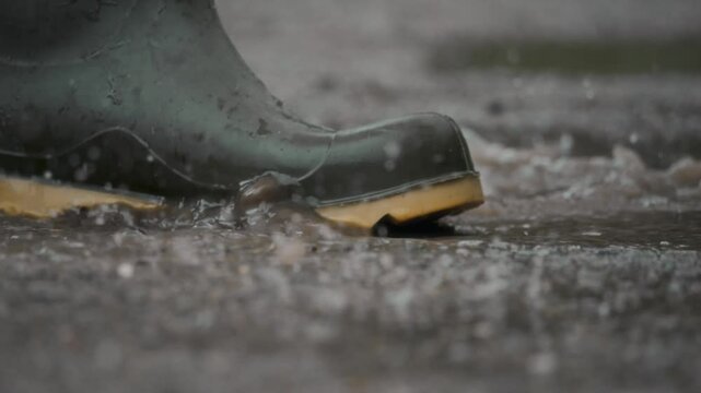 This image shows a closeup of waterproof boots splashing through rain puddles, highlighting dynamic water action