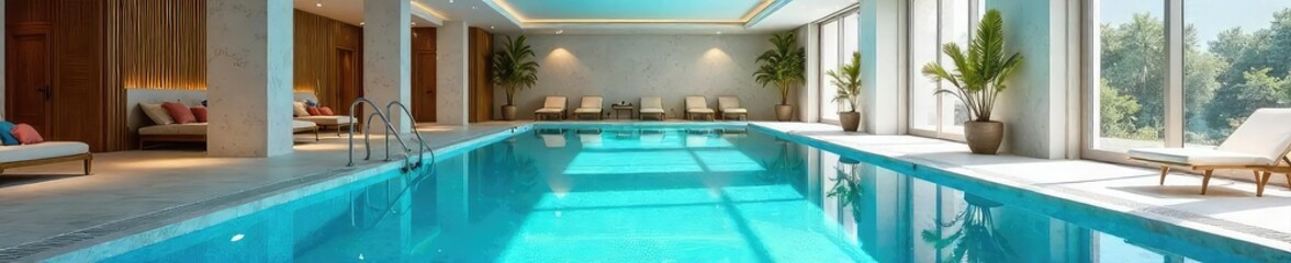 A pristine indoor swimming pool, sparkling blue water, clean lines, modern architecture, perfect for relaxation and fitness , health, architecture