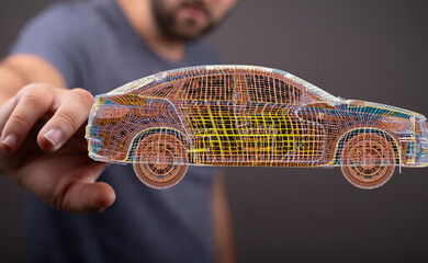 Futuristic car model, digital engineering, automotive innovation, 3D wireframe design.