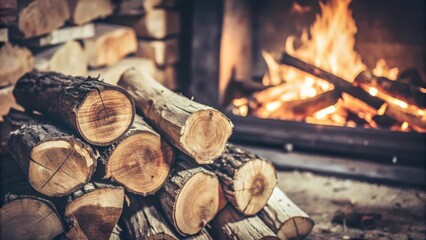 Stacked firewood logs ready to be added to the fireplace with a roaring fire in the background