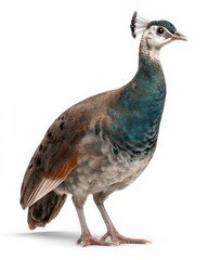Elegant female peafowl with iridescent plumage.