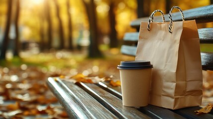 Autumn park bench with takeout