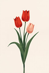A graceful illustration of three blooming tulips in red and soft pink, standing tall with green leaves on a minimal pastel background.