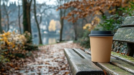Autumn park bench with coffee