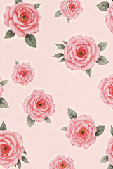 A delicate pattern of pink watercolor roses with green leaves on a soft pastel background, evoking timeless romance and vintage charm.