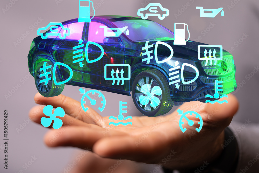 Poster Stock photo of car dashboard warning lights and indicators displayed digitally on a hand.