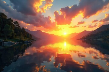 A vibrant sunrise over a tranquil lake, reflecting the golden light and promising a new day Perfect for inspirational projects, depicting optimism and fresh beginnings , achievement, growth, tranquil
