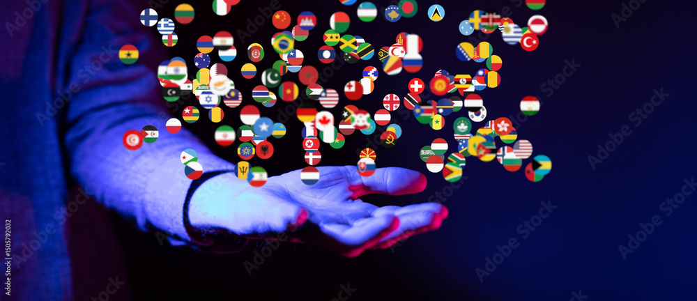 Poster image of a hand gently holding numerous flags, symbolizing global unity and interconnectedness.