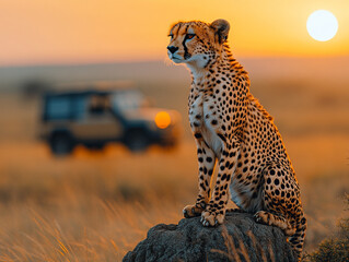 A cheetah (Acinonyx jubatus) sitting on a tree trunk in the evening sun, AI generated