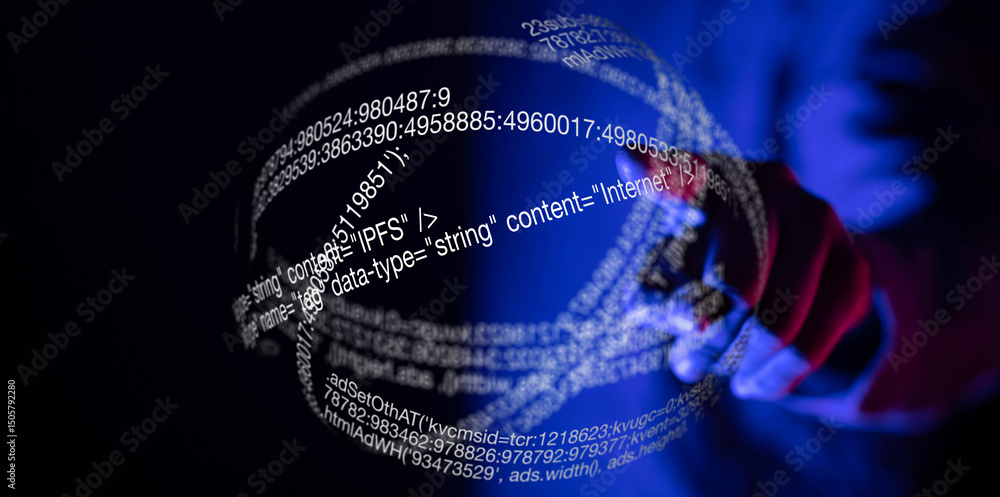 Aufkleber Abstract image of data streams surrounding hands, symbolizing digital technology and the internet.