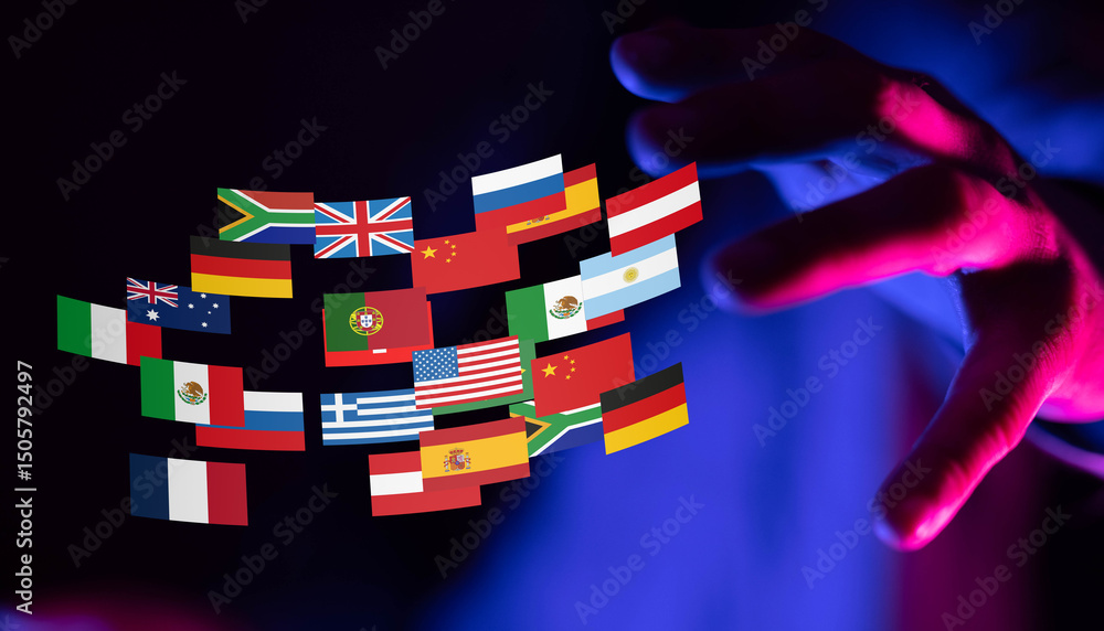 Leinwandbilder abstract image of hands reaching towards a digital display of various world flags, symbolizing globa