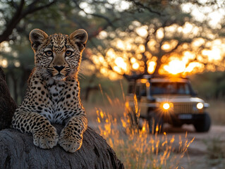 A cheetah (Acinonyx jubatus) sitting on a tree trunk in the evening sun, AI generated