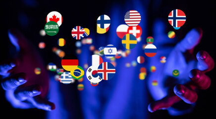 Abstract image of hands gently holding various national flags, symbolizing global unity and...