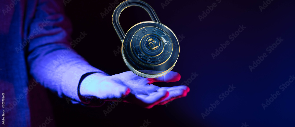 Poster Secure your data!  Image depicts a digital lock symbolizing online security and privacy.