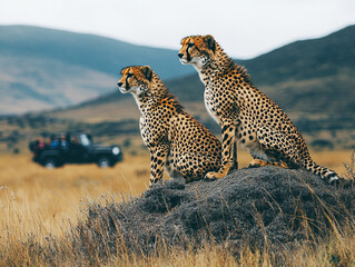 A cheetah (Acinonyx jubatus) sitting on a tree trunk in the evening sun, AI generated