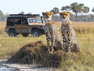 A cheetah (Acinonyx jubatus) sitting on a tree trunk in the evening sun, AI generated