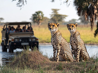 A cheetah (Acinonyx jubatus) sitting on a tree trunk in the evening sun, AI generated