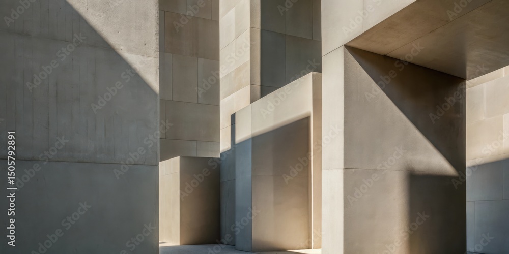 Poster The interplay of light and shadow on a modern concrete structure, creating geometric patterns and highlighting the architectural details