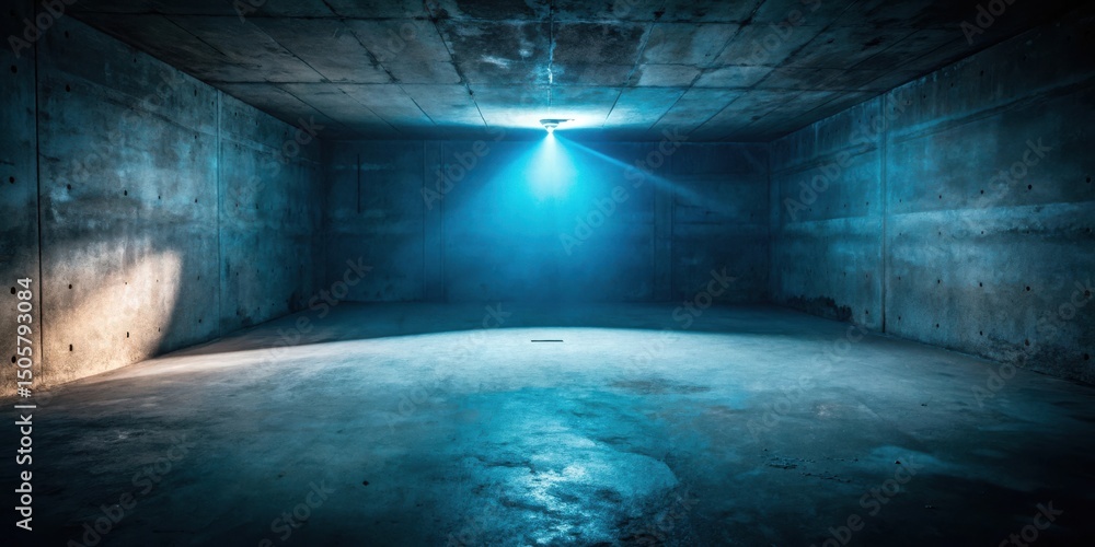 Poster A single light source illuminates an empty concrete room with a blue hue, casting shadows and creating a mysterious atmosphere.