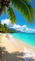 Golden sand, turquoise water, palm trees swaying gently in the Hawaiian breeze A perfect tropical beach scene, ideal for vacation or travel imagery Relaxing waves caress the shore , blue sky, travel