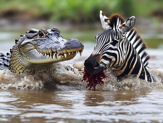 a crocodile attacks with open jaws a group of wildebeest and zebras as they cross a wide river in Tanzania during the great migration , ai generated