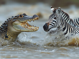 a crocodile attacks with open jaws a group of wildebeest and zebras as they cross a wide river in Tanzania during the great migration , ai generated