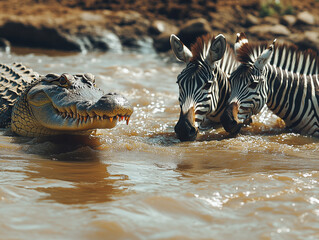 a crocodile attacks with open jaws a group of wildebeest and zebras as they cross a wide river in Tanzania during the great migration , ai generated