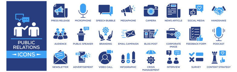 Public Relations icon set. Containing design Press Release, Microphone, Speech Bubble, Megaphone, Camera. Solid icon collection.