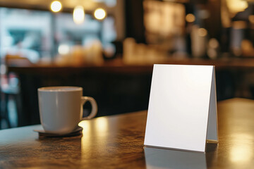 A blank, white menu card stands on a shiny wooden table in a blurred restaurant setting.