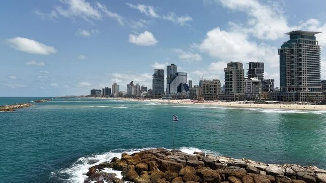 Aerial video of Tel Aviv Coast Beach Line During Day With Clear Sky