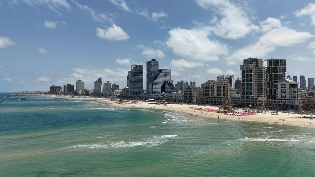 Aerial video of Tel Aviv Coast Beach Line During Day With Clear Sky