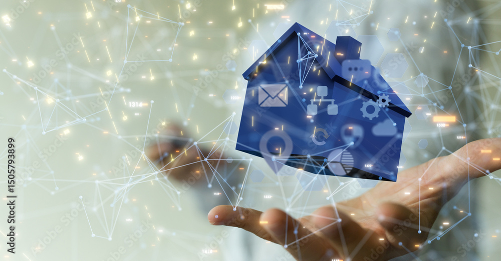 Poster home iot - Neural network 3D illustration. Big data and cybersecurity