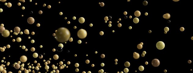 Beautiful abstract background with many golden and brown spheres falling on a black background. Perfect for presentations or websites.
