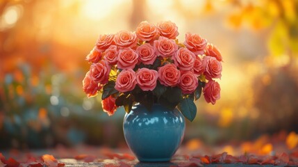 Beautiful bouquet of orange roses in a vase