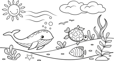 Ocean theme coloring page for kids. you can print it on standard paper. High resolution (300 DPI), ready to print on standard With No Bleed, Black and White Vector illustration AI, EPS, PNG, JPEG. 