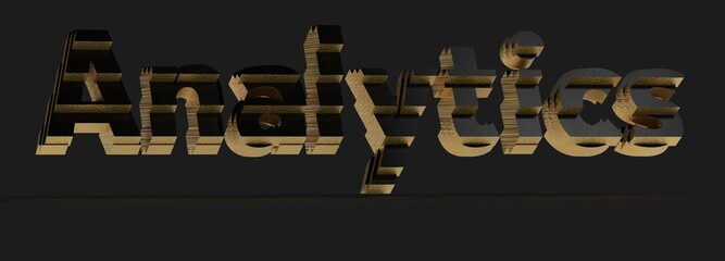 Abstract 3D gold text 'Analytics' on black background.  Perfect for business, finance, data concepts.