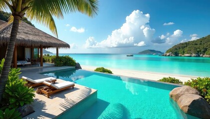 Sun-drenched beach, crystal-clear turquoise water, luxurious private villa with infinity pool overlooking the ocean Escape to paradise and unwind in ultimate comfort , coastline, dream vacation