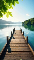 Fototapeta premium Tranquil scene of a wooden dock extending over calm water towards a serene shoreline, bathed in soft sunlight Perfect for travel, nature, or relaxation themes , dock, stillness, sky