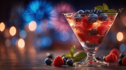Tricolor cocktail with blueberries, raspberries, and mint, celebrating French National Day with festive elegance.