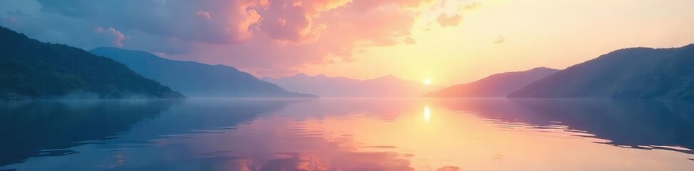Fototapeta premium A serene landscape, still waters reflecting a calm sky, evokes a sense of tranquility and emotional stillness Perfect for meditation, mindfulness, and stress relief themes , stillness, forest, grey